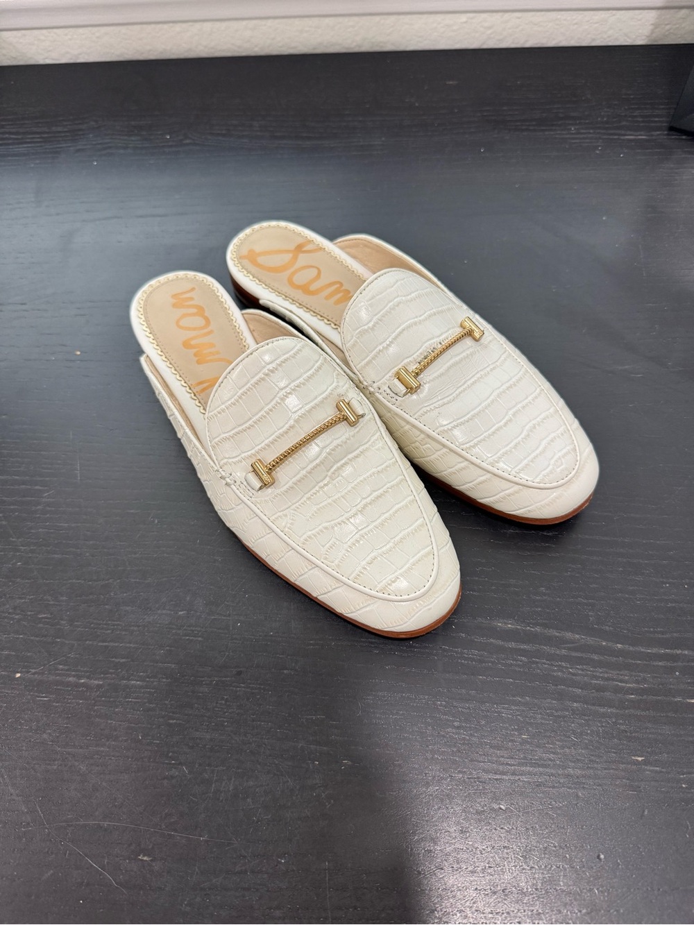 Sam Edelman Cream Croc-Embossed Slip-On Loafers with Gold Bit